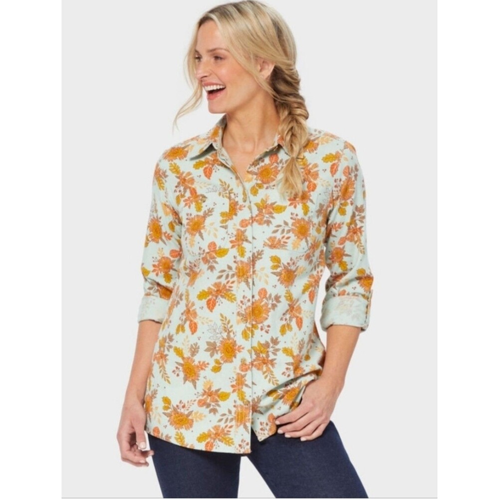 Duluth Trading Co Free Swingin' Flannel Tunic Women's Small Green Gold Floral